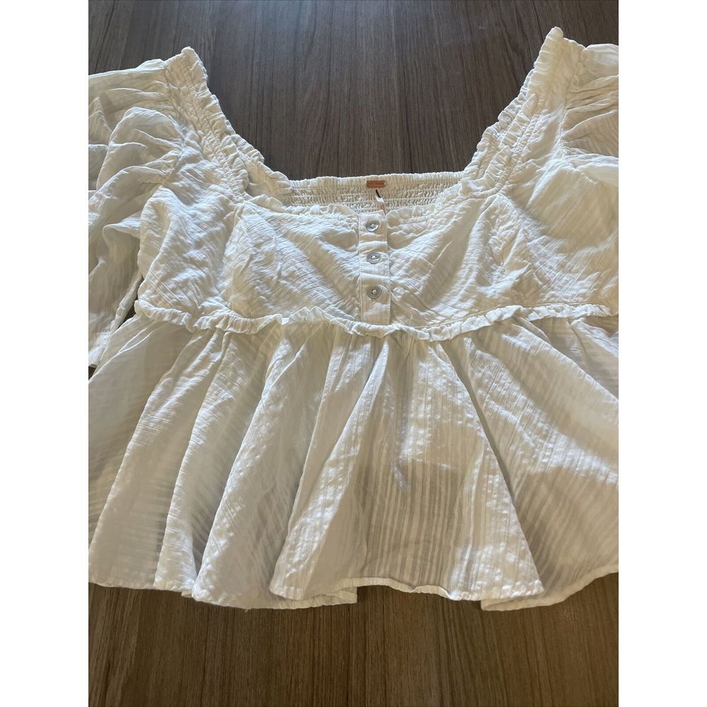 Free People Leave It To Me Babydoll Top Blouse  Puff Sleeves in Ivory Size Small - Picture 7 of 10